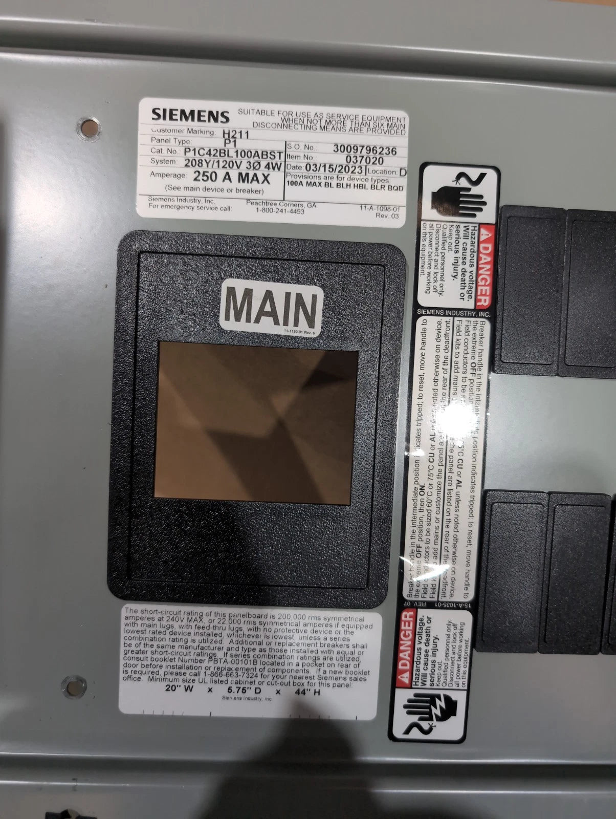 Siemens P1C42BL100ABST P1 Panelboard 100A 208/120V 3PH MCB Panel 100 Amp 42 Cir New