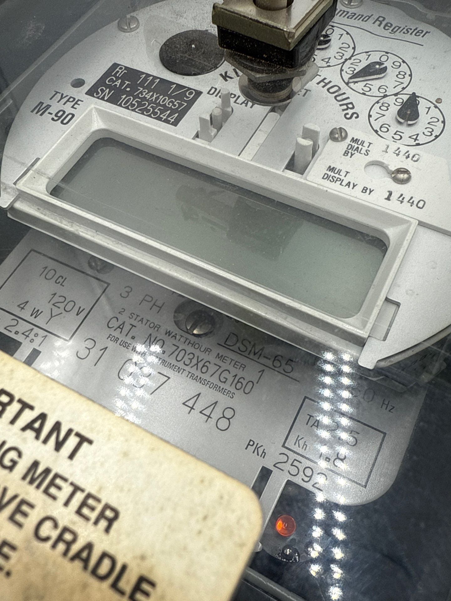 GE 703X67G160 2 Stator Watthour Meter 120V 60Hz DSM-65 Relay M-90 Kilowatthour Used