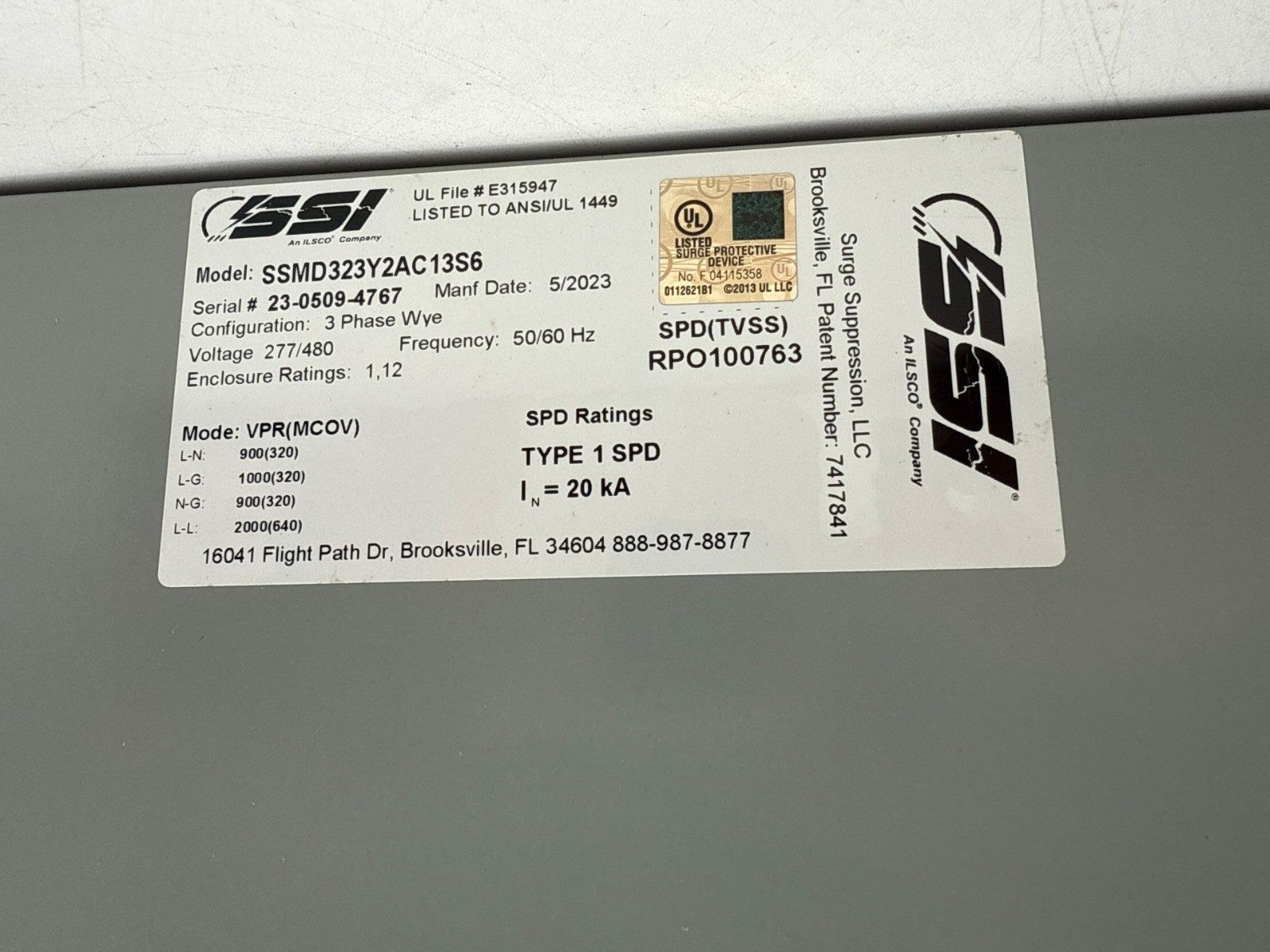 SpecPRO SSMD323Y2AC13S6 Surge Protective Device 20kA 277/480V 3PH Wye SPD TVSS Used