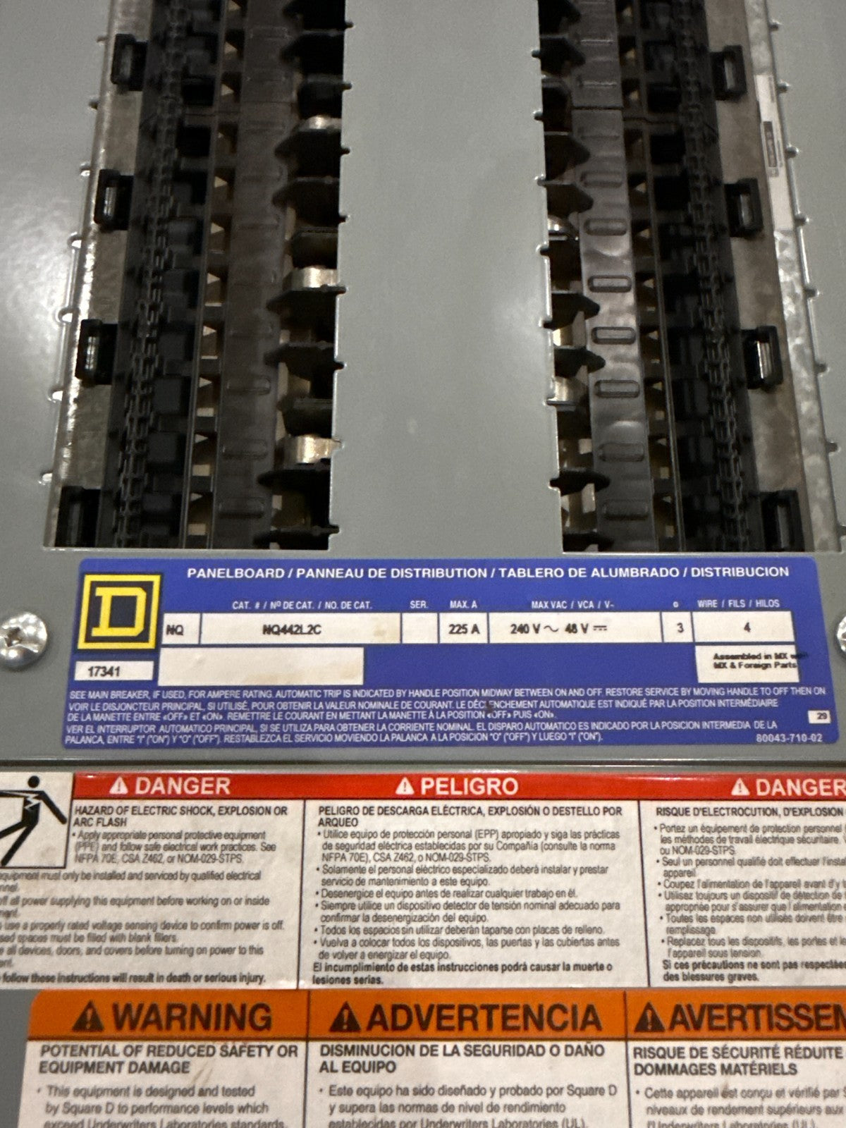 Square D NQ442L2C Panelboard 225A 240V 3PH 4W 42 Cir MLO 225 Amp Panel 3R Encl New