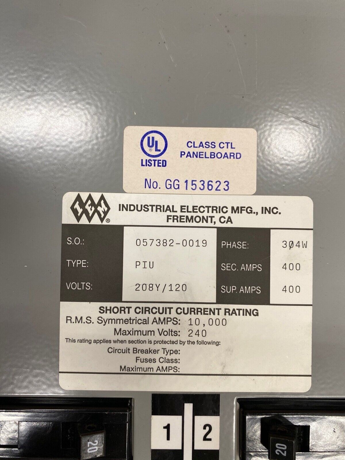 IEM PIU75 Panelboard 400A 208Y/120V 3PH 4W 42 Circuit Indoor Encl MLO 400 Amp P460 Used