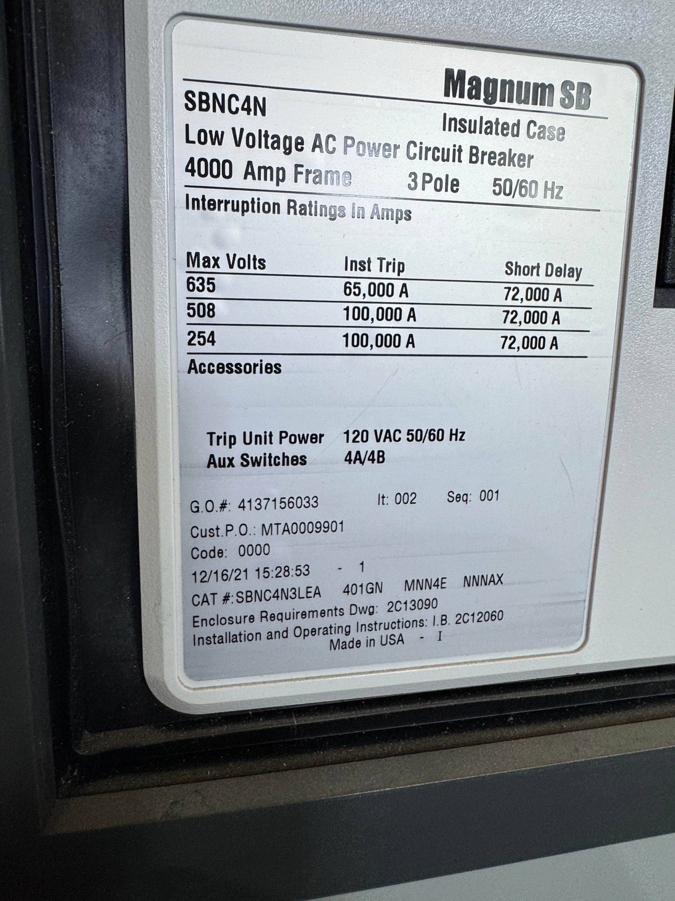 Eaton SBNC4N3LEA Circuit Breaker 4000A 3P 600V 11ARMLSIG DigiTrip 1150+ SBNC4N New