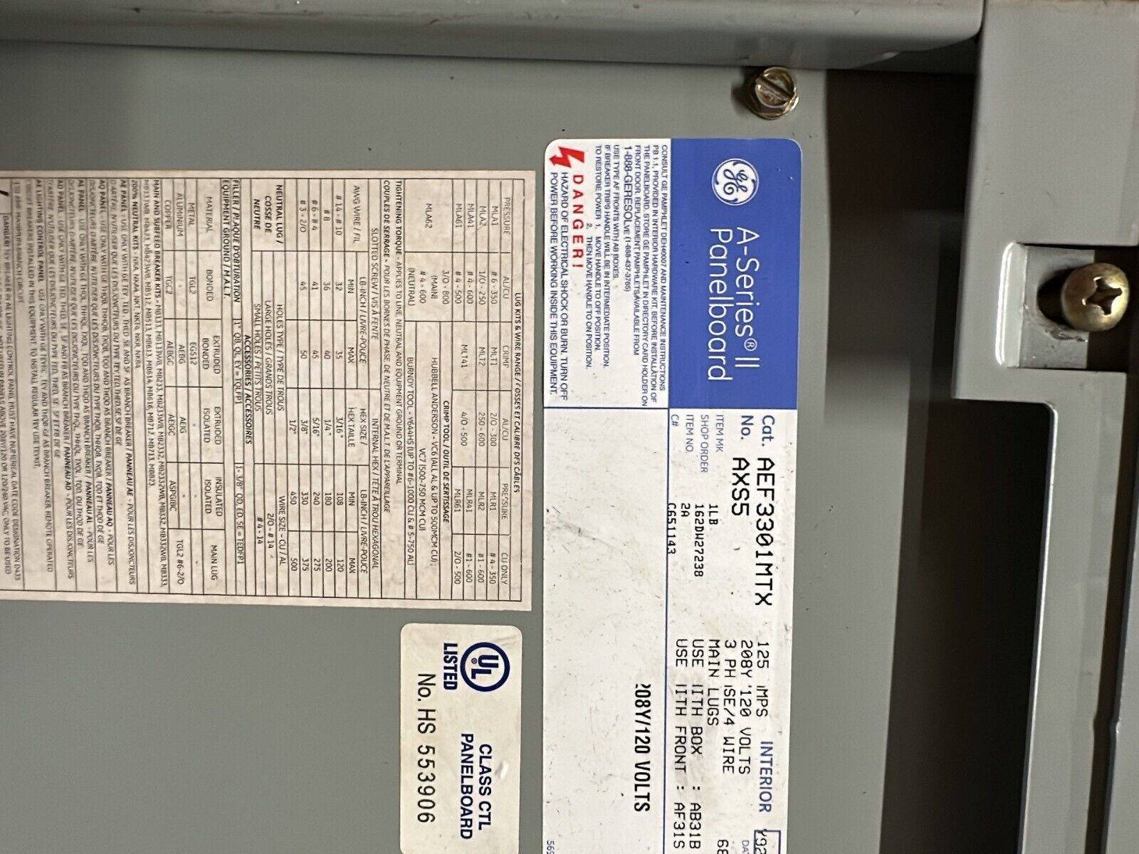 GE AEF3301MTX Panelboard 125A 208Y/120V 3PH 4W 30 Circuit 125 Amp MLO Box AB31B P241 Used