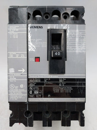 Siemens HED43B040 Circuit Breaker 40A 3P 480V w/S01ED60 Shunt Trip 40 Amp 3 Pole Used