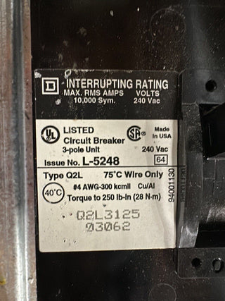 Square D NQOD Panelboard 125A 208Y/120V 3PH 4W 125 Amp 42 Cir Main Q2L3125 MCB P252 Used