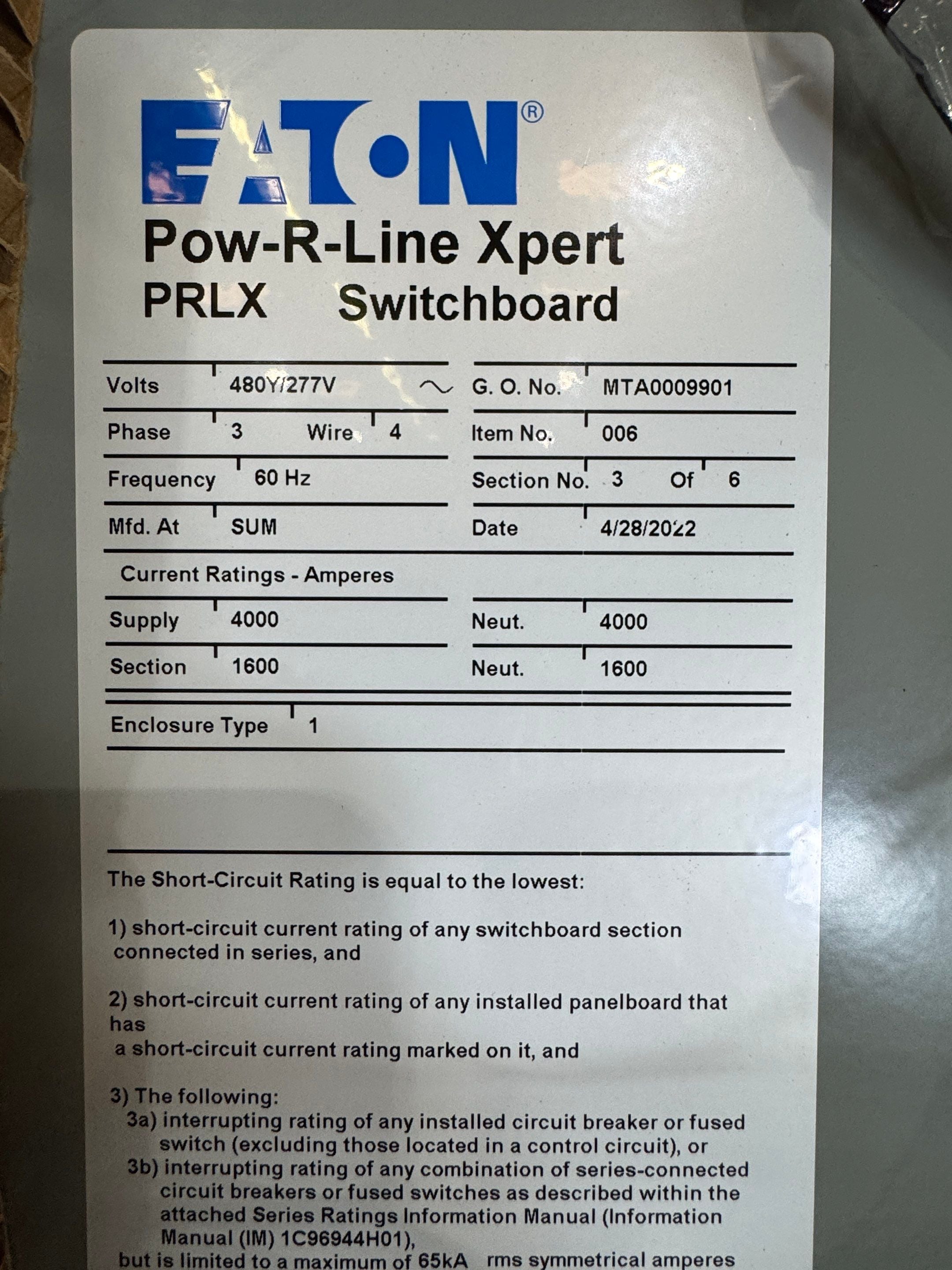Eaton RYR6163B Circuit Breaker 1600A 3P 600V LSIG Maintenance Mode Trip PXR25 New