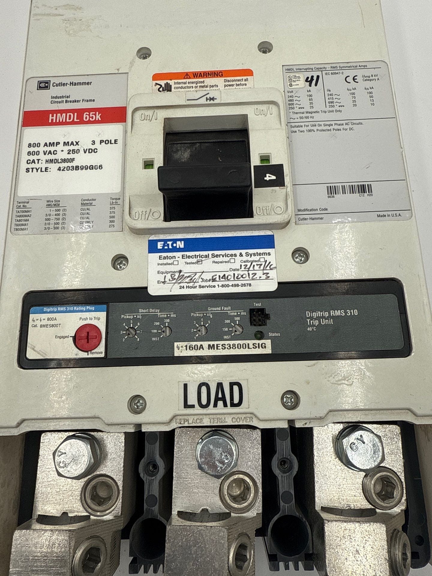 Eaton HMDL3800 Circuit Breaker 800A 3P 600V HMDL 65k 800 Amp 3 Pole LSIG Used
