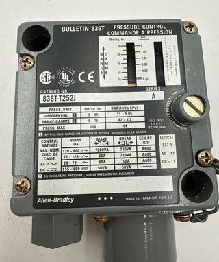 Allen Bradley 836T-T252J Pressure Switch Vacuum Control 200PSI MAX 6-75 PSI New