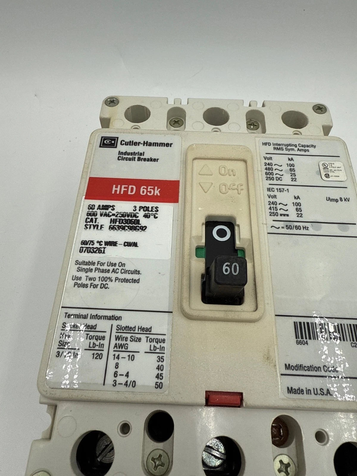 Cutler-Hammer HFD3060L Circuit Breaker 60A 3P 600V HFD 65k 60 Amp 3 Pole Used Used