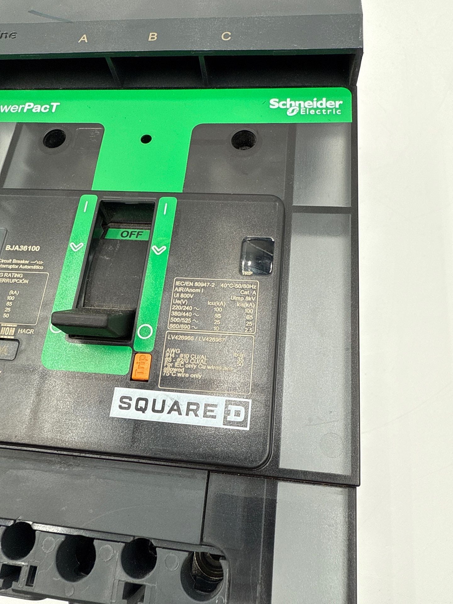 Square D BJA36100 I-Line Circuit Breaker 100A 3P 600V 3PH 100 Amp 3 Pole Used