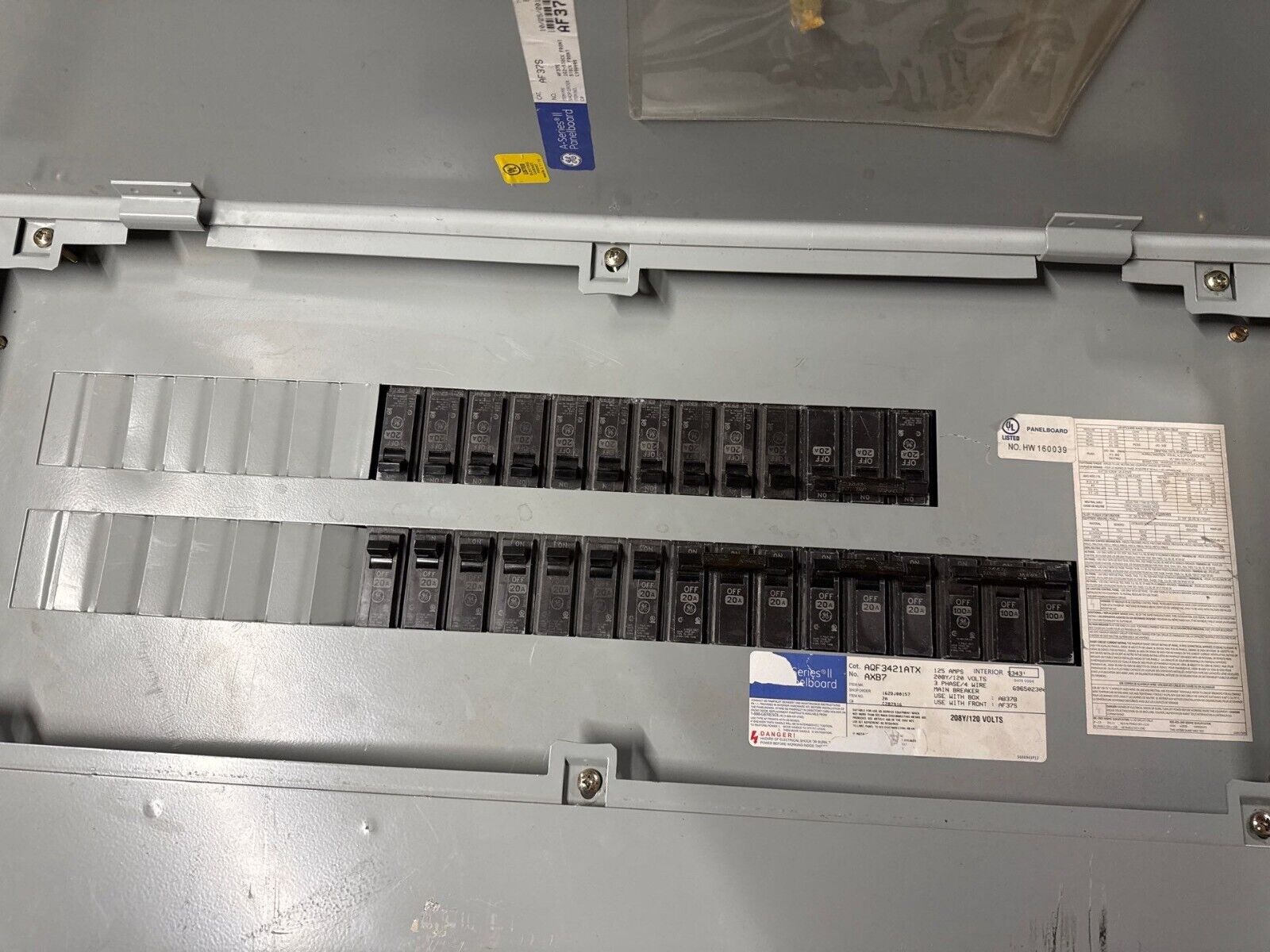 GE AQF3421ATX Panelboard 125A 208/120V 3PH 4W MCB THQB32100 Indoor Encl 42 Cir Used