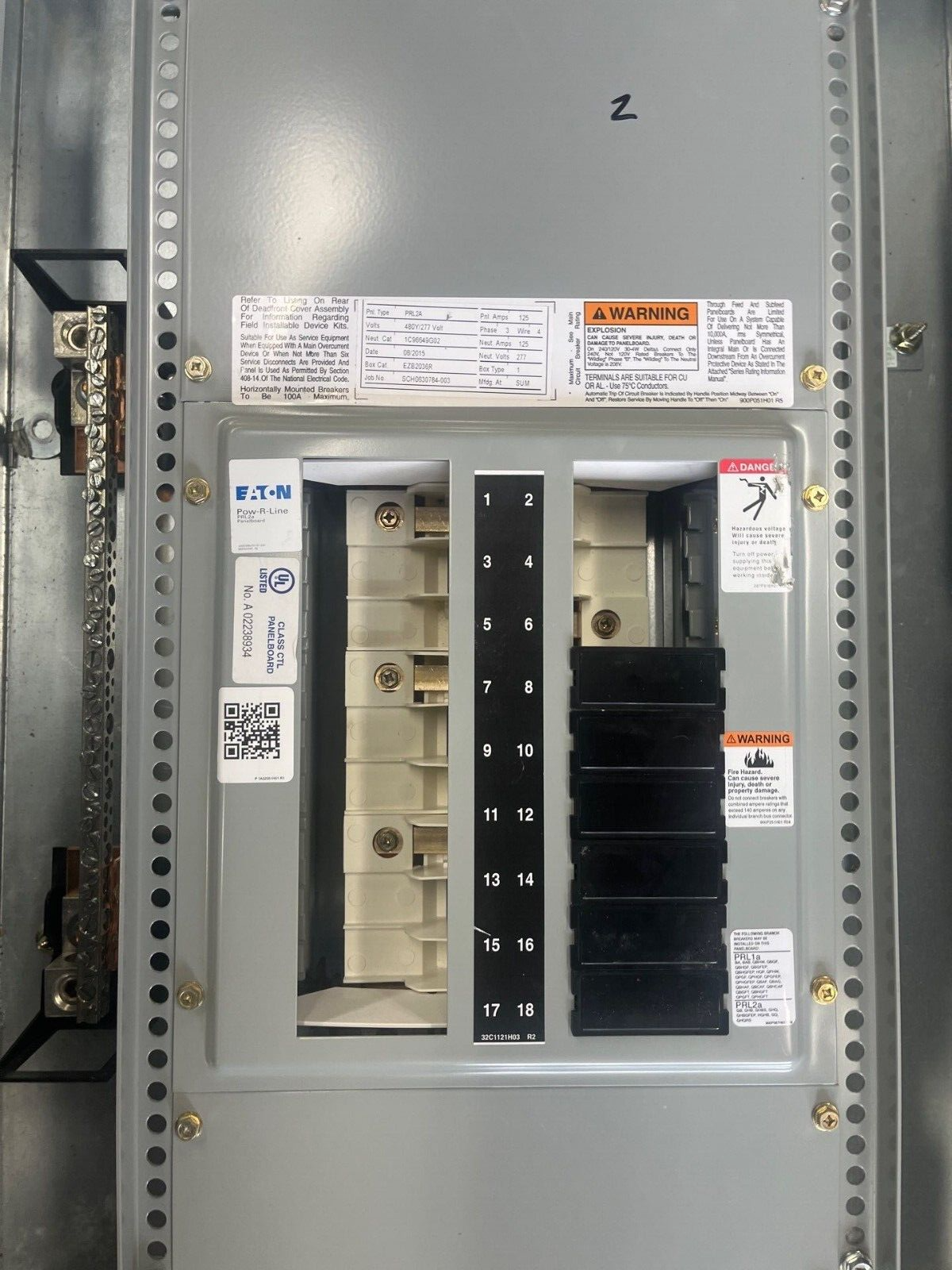 Eaton PRL2A Panelboard 125A 480/277V 3PH 4W Indoor Encl 18 Circuit MLO EZB2036R P603 Used