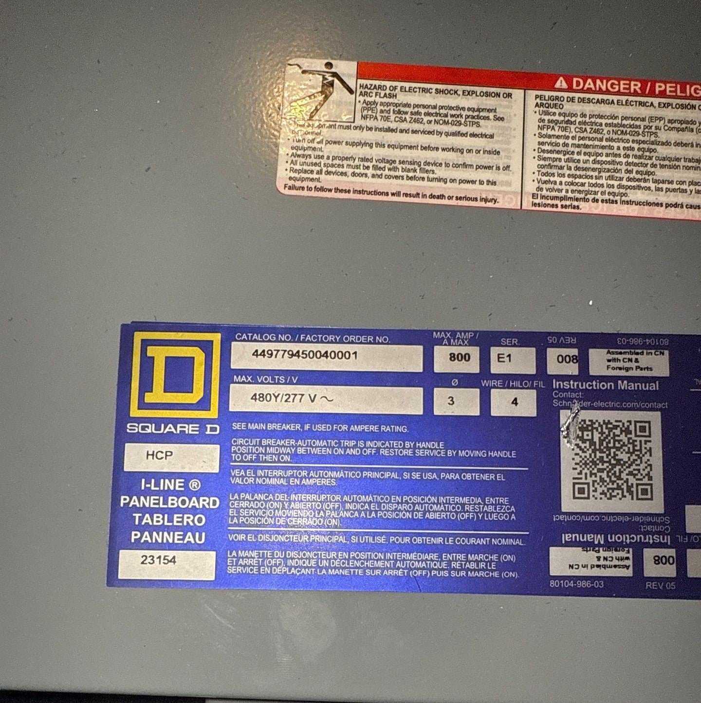 Square D HCP Panelboard 800A 480/277V 3PH 4W 800 Amp Panel MLO 42 Cir HC4268DB Used