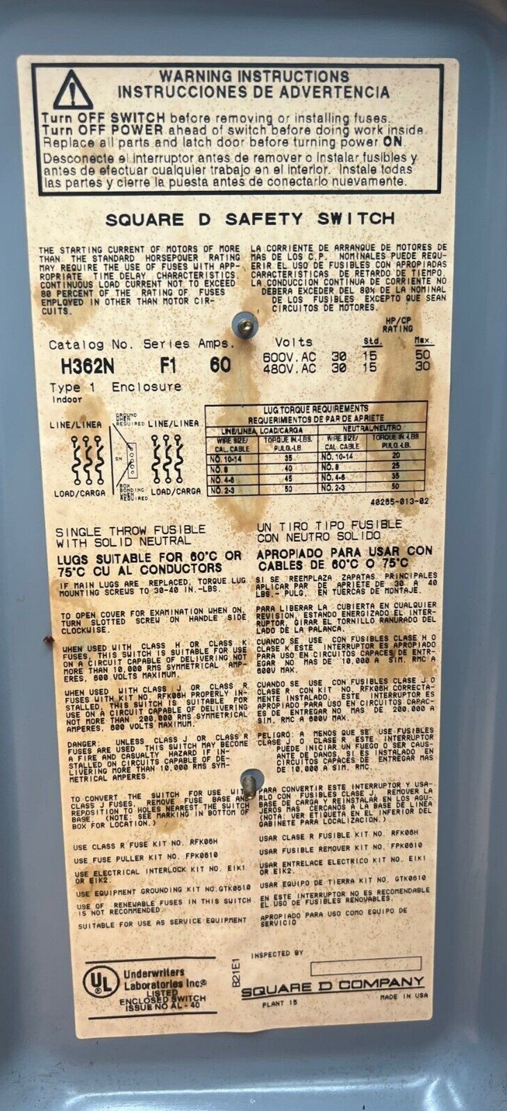 Square D H362N Used
