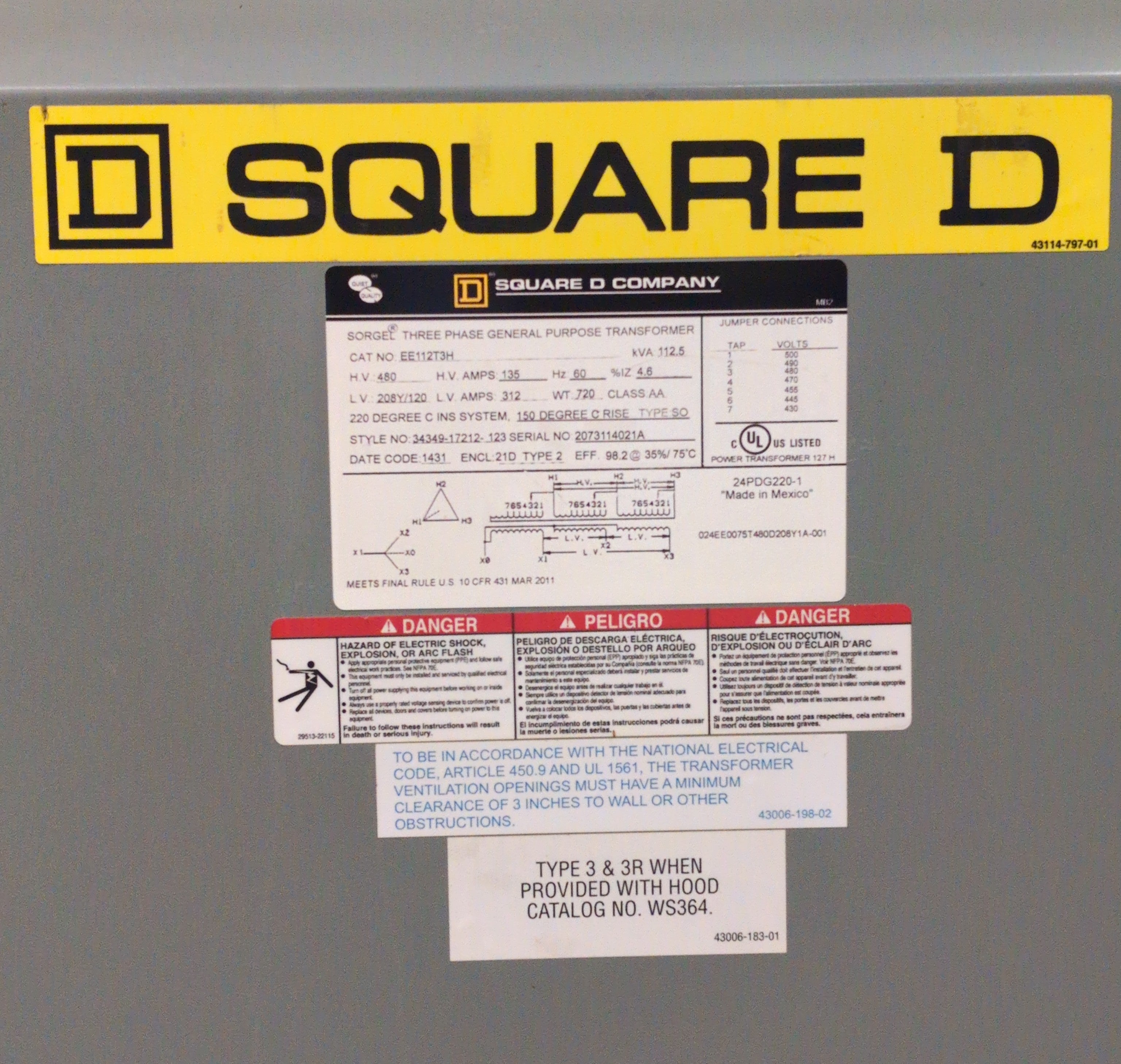 112.5KVA Square D EE112T3H 3PH Pri 480V Sec 208/120V Transformer Indoor Encl Used