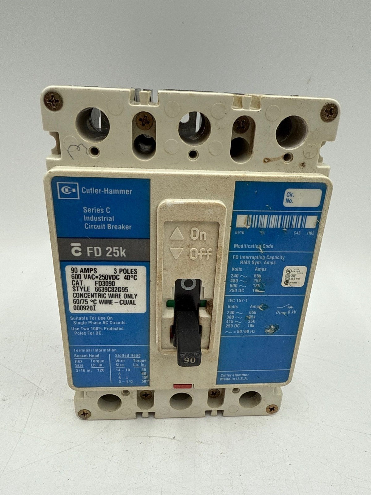 Cutler Hammer FD3090 Circuit Breaker 90A 3P 600V 3PH FD 25k 90 Amp 3 Pole Used