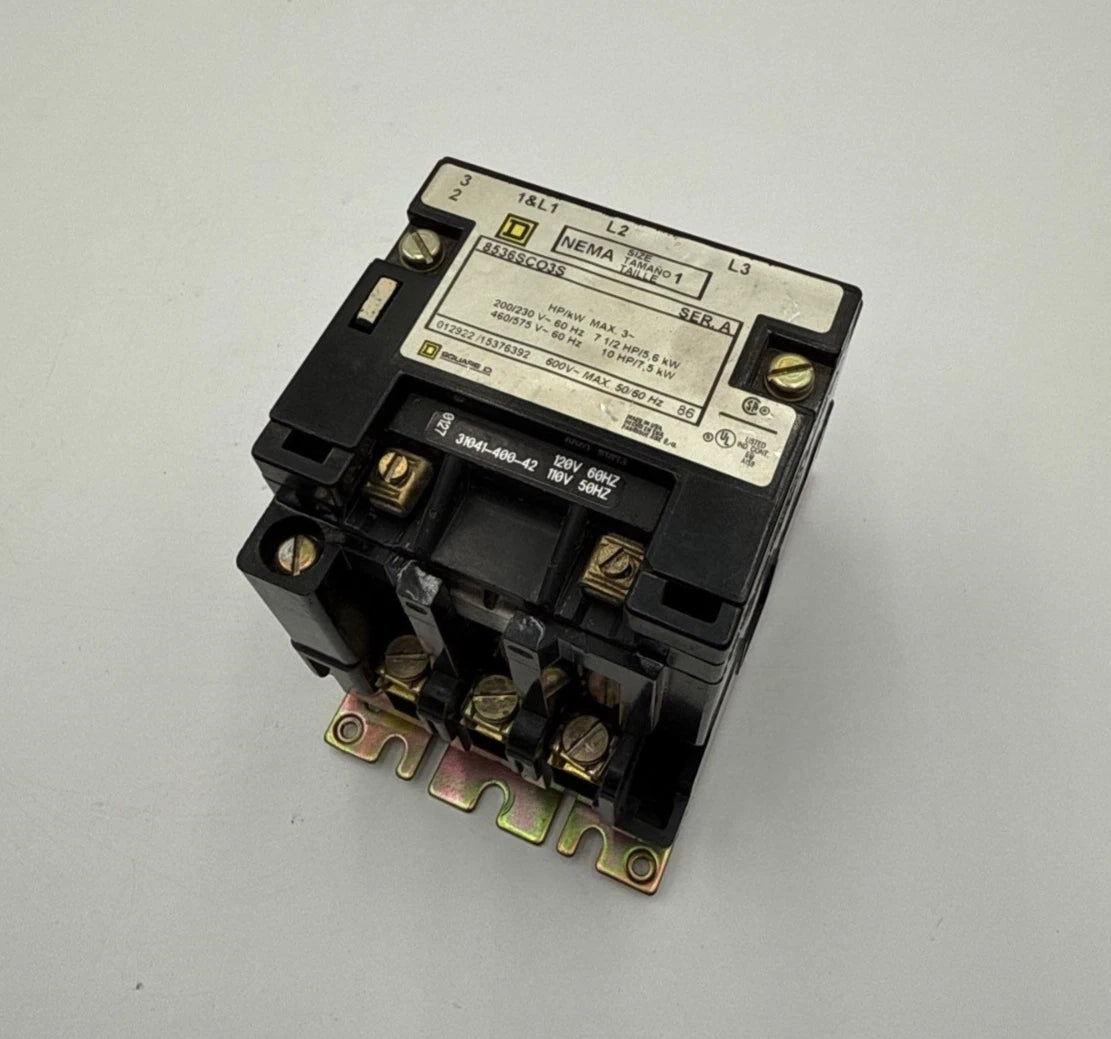 Square D 8536SCO3S NEMA Size 1 Contactor 3P 600V 3PH 10HP Coil 110/120V Ser A Used