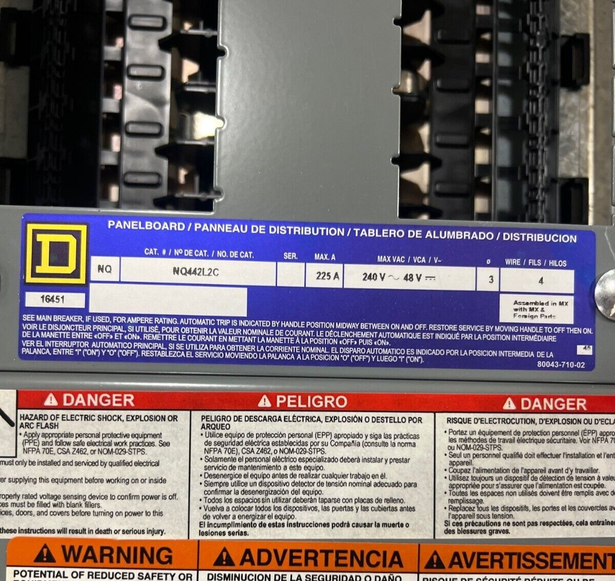 Square D NQ NQ442L2C Panelboard 225A 240V 3PH 4W Indoor Encl 42 Circuit MLO P618 Used