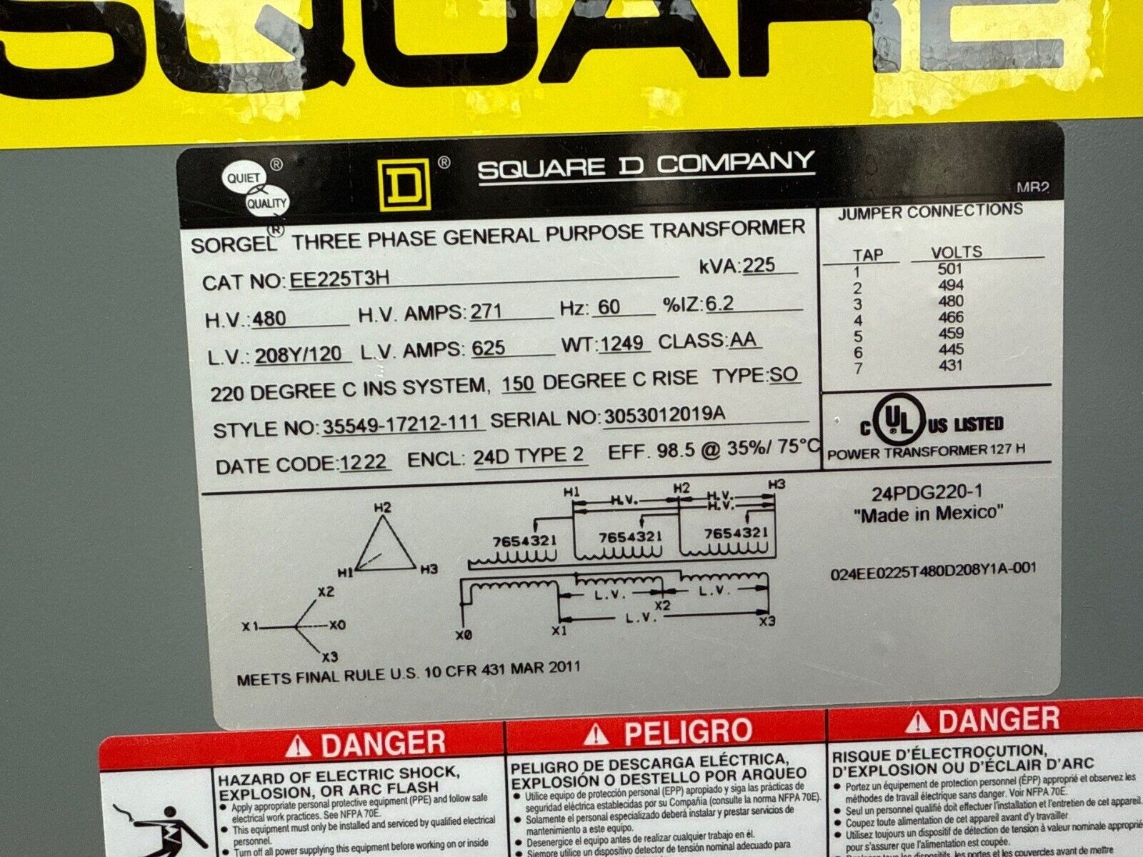 Square D EE225T3H Used