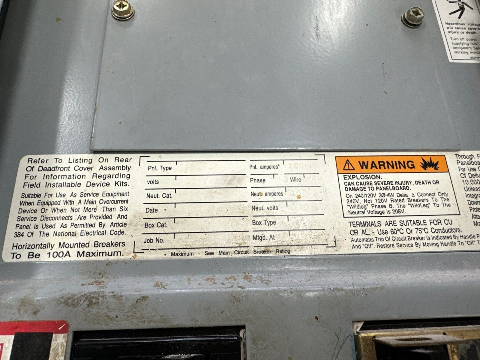 Cutler Hammer Pow-R-Line Panelboard 100A 240/120V 3PH 4W Indoor Main Lug MLO Used
