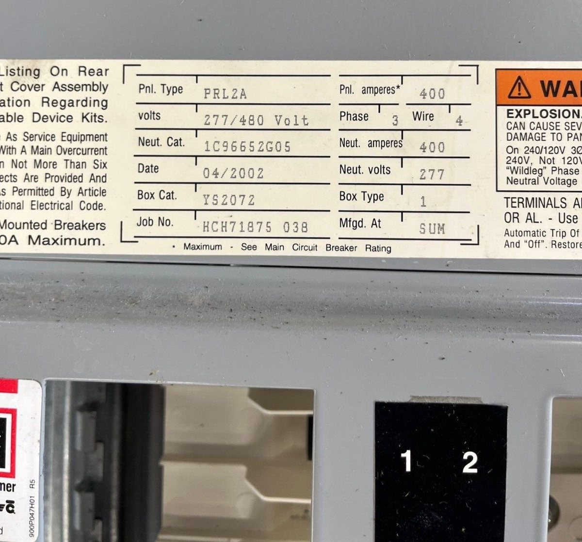 Cutler Hammer PRL2A Panelboard 400A 277/480V 3PH 42 Cir Indoor Encl FD3225 MLO P579 Used