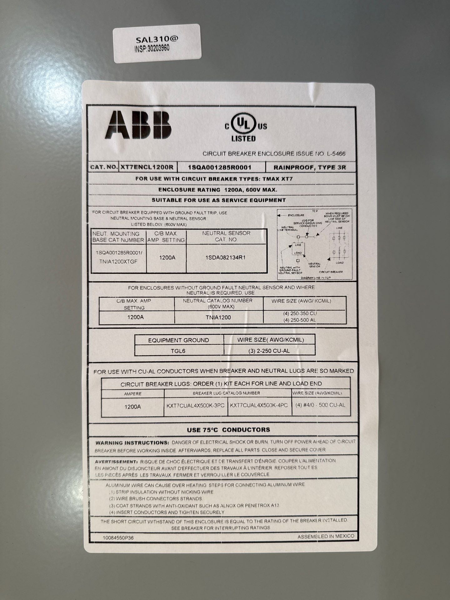 ABB XT7ENCL1200R Circuit Breaker Enclosure 1200A 600V Type 3R Rainproof New