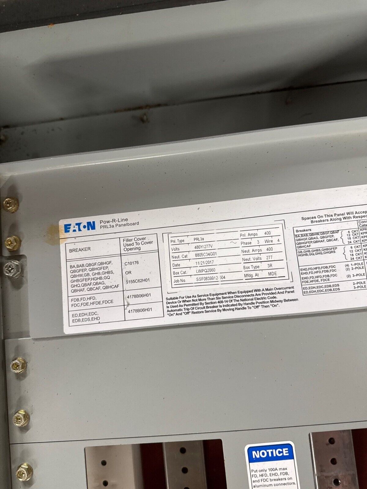 Eaton PRL3a Panelboard 400A 480/277V 3PH 4W 18 Circuit MLO 3R Outdoor Encl P287 Used