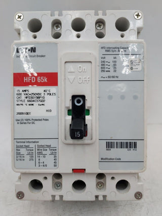 EATON HFD3015BP10 Circuit Breaker 15A 3P 600V 15 Amp 65k 3 POLES BOLT ON Used