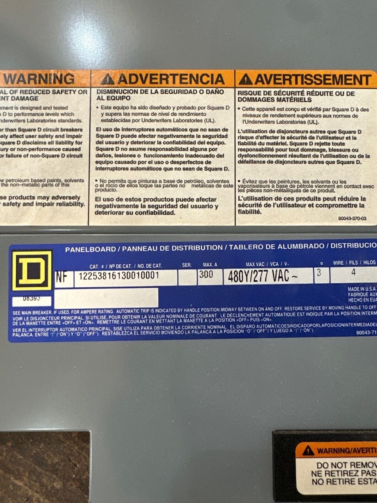 Square D NF Panelboard 300A 480/277V 3PH 4W Indoor Encl 54 Cir MCB Main LCP36300 P535 Used