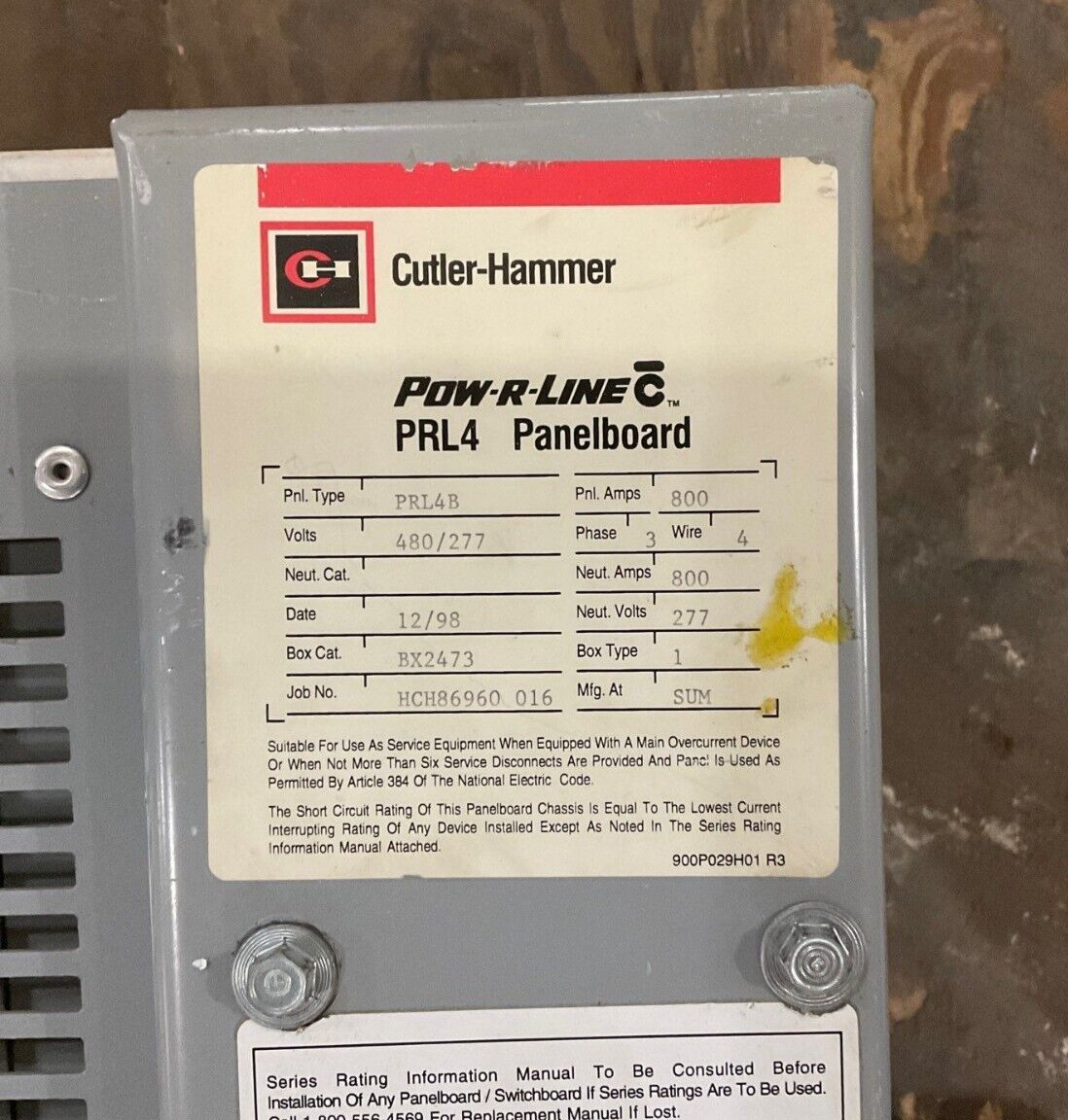 Cutler Hammer PRL4B Panelboard 800A 480/277V 3PH 4W MLO Indoor BX2473 800 Amp P667 Used