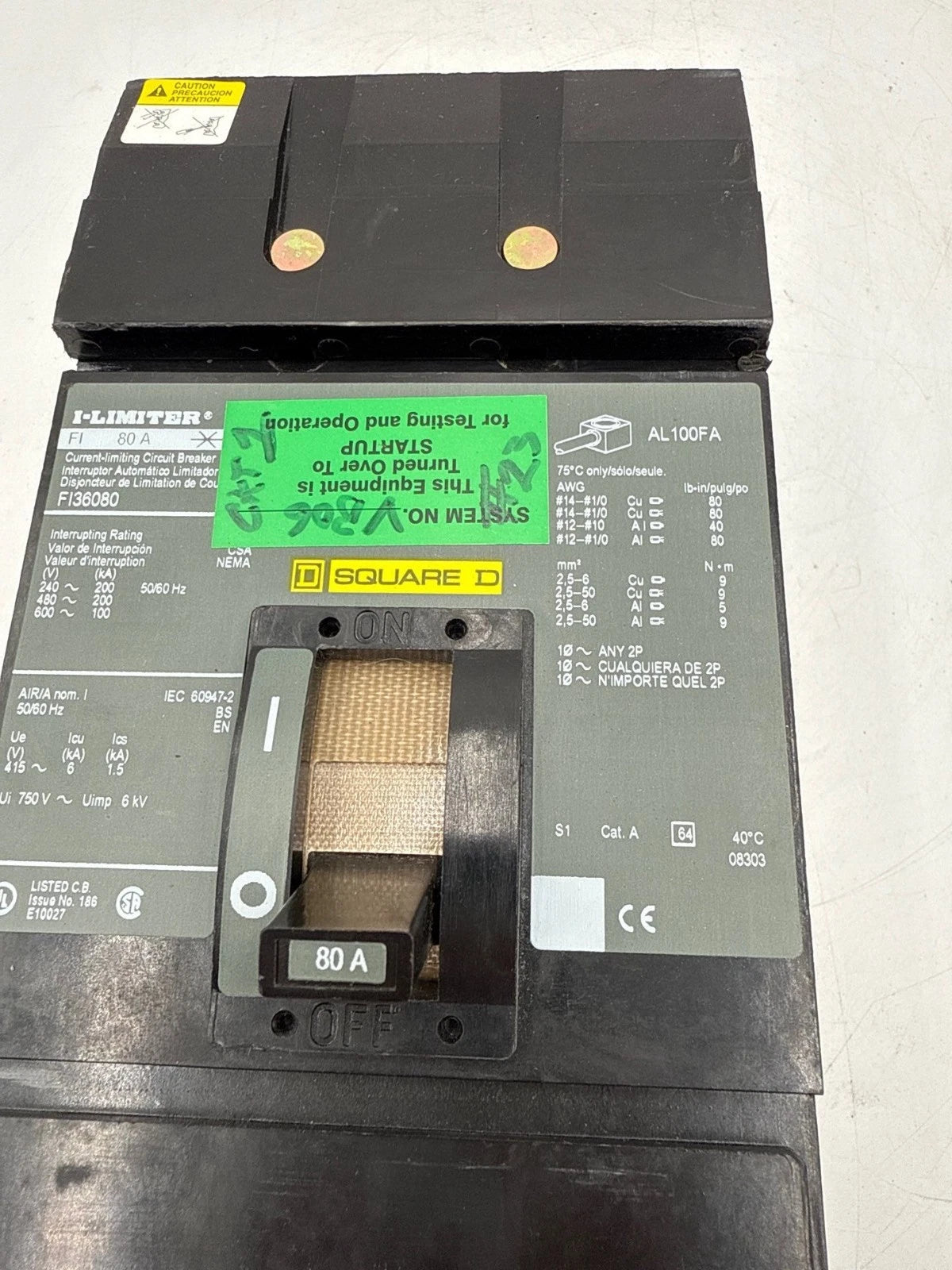 Square D FI36080 I-Line Circuit Breaker 80A 3P 600V 3PH FI 80 Amp 3 Pole Used Used