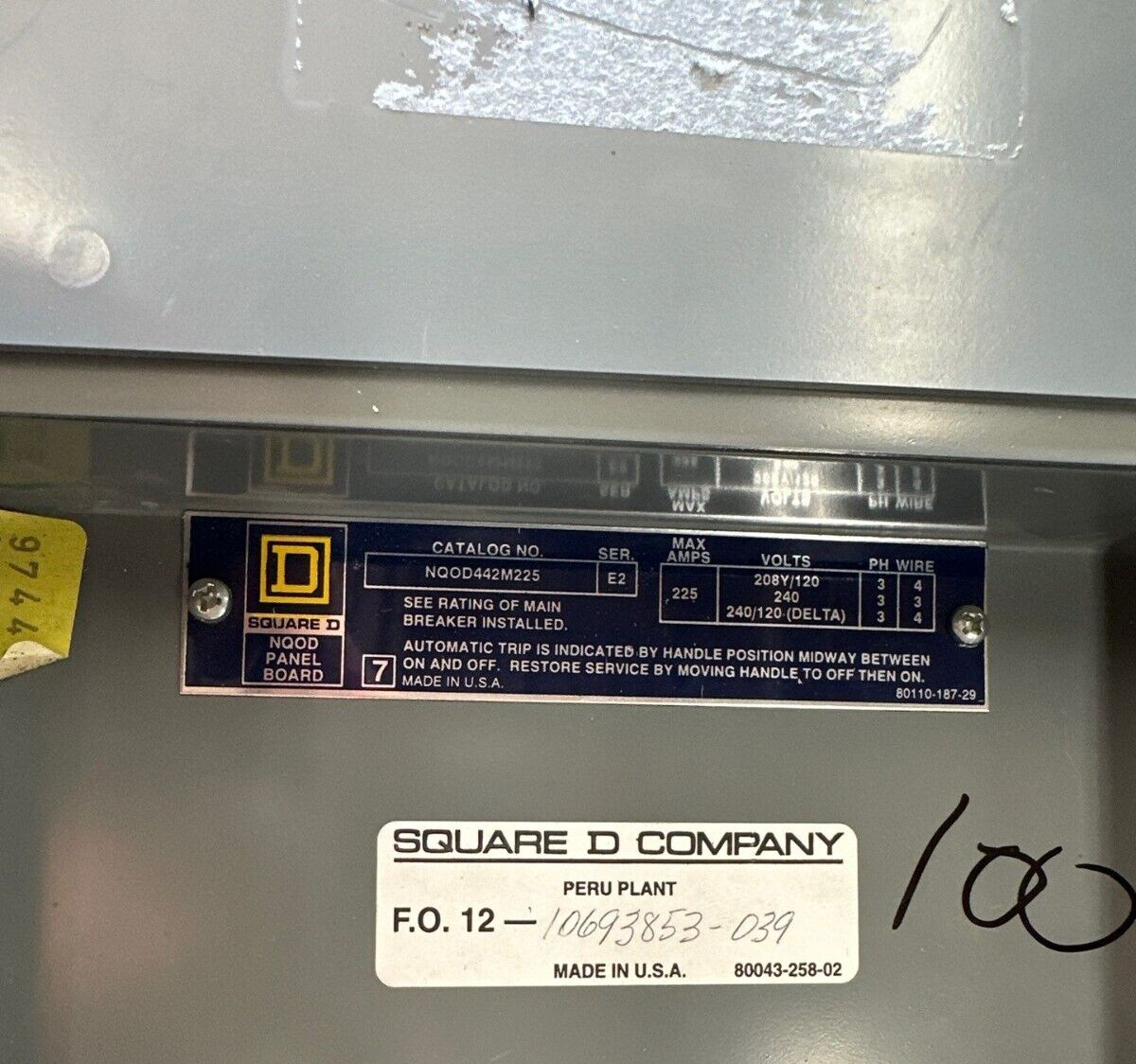 Square D NQOD442M225 NQOD Panelboard 225A 208Y/120V 3PH MCB Indoor Encl Q2L3100 P367 Used