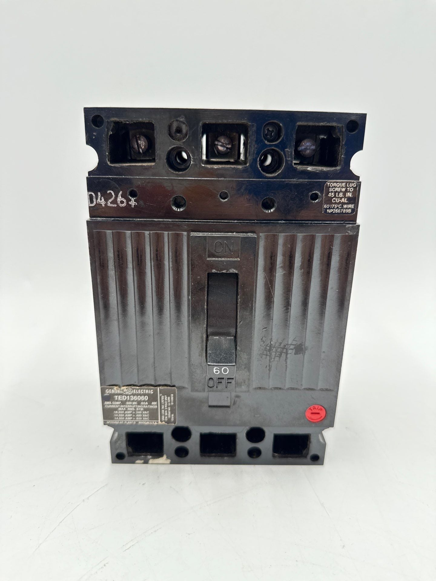 GE TED136060 Circuit Breaker 60A 3P 600V TED 60 Amp 3 Pole 3 Pahse Used