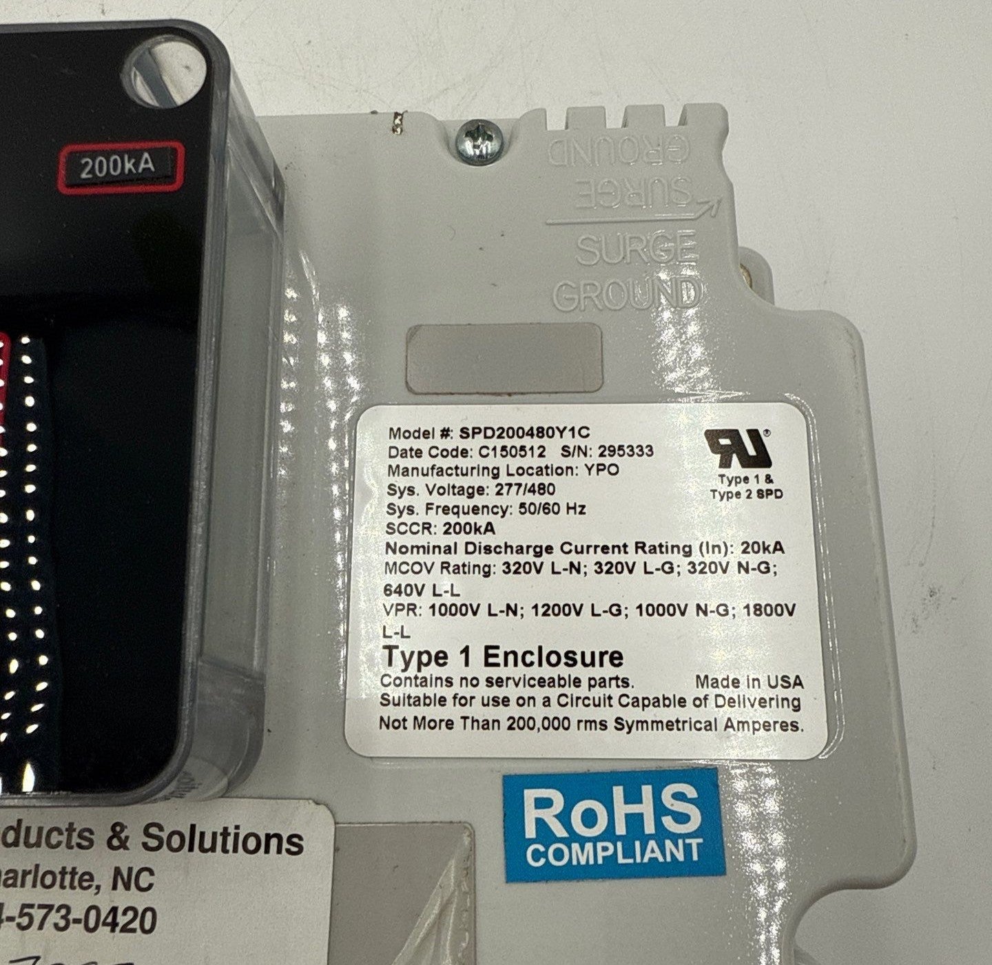 Eaton SPD200480Y1C Surge Protective Device 200kA 277/480V WYE 4W+G Used