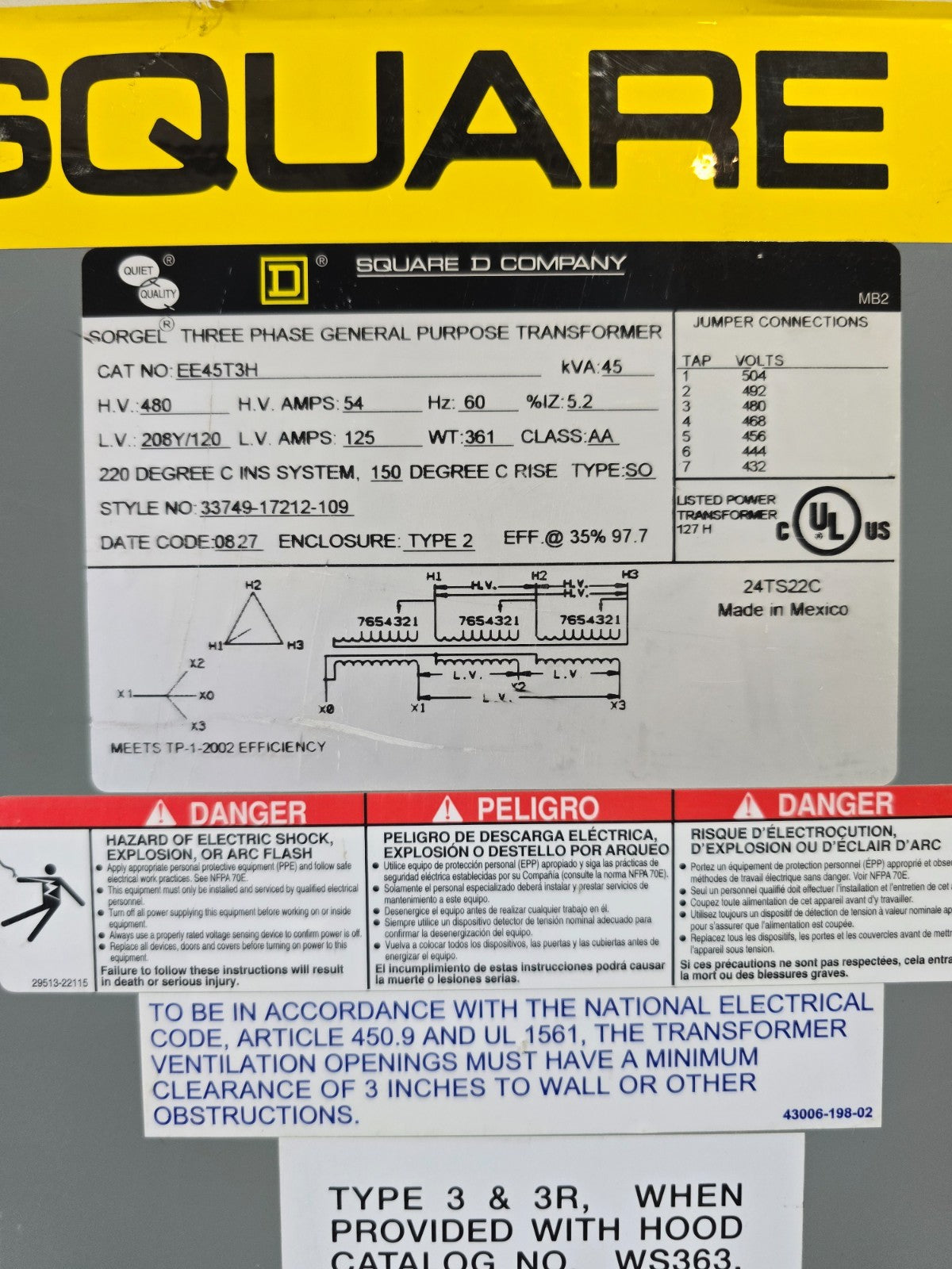 45 KVA Square D EE45T3H Transformer Pri 480V Sec 208/120V 3 Phase Indoor Encl Used