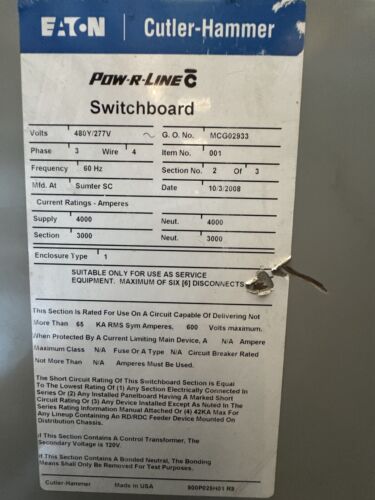 3000 Amp 480/277V Switchboard Main Breaker Eaton Cutler Hammer 300A Used
