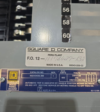 Square D NQOD430L400 Panelboard 400 Amp 208/120V 30 Cir 3PH 4W MLO Panel 400A Used