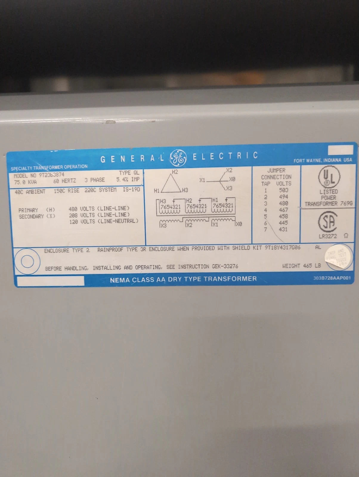 75KVA GE 9T23B3874 Transformer 3PH Pri 480V Sec 208/120V Type QL Indoor Encl Used