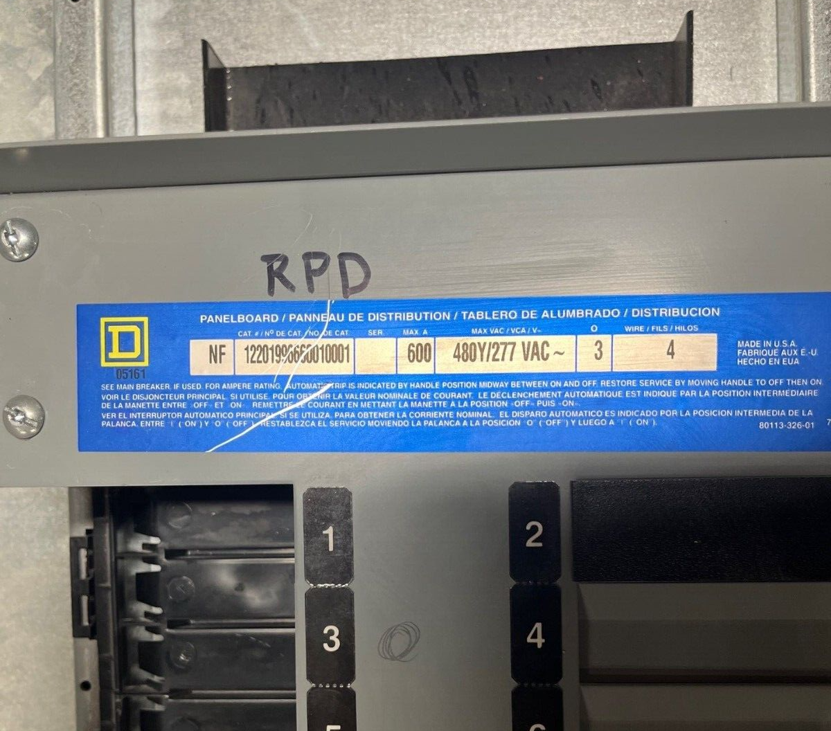 Square D NF Panelboard 600A 480Y/277V 3PH 4W MLO 54 Circuit Main Lug Indoor Encl P560 Used