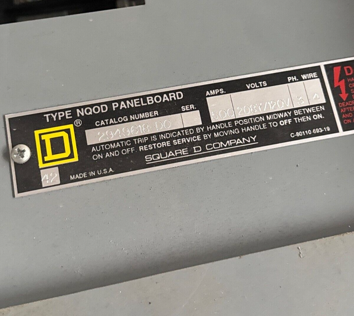 Square D NQOD Panelboard 500A 208/120V 3PH 4W 42 Cir Indoor Encl MCB MAP36500 P629 Used
