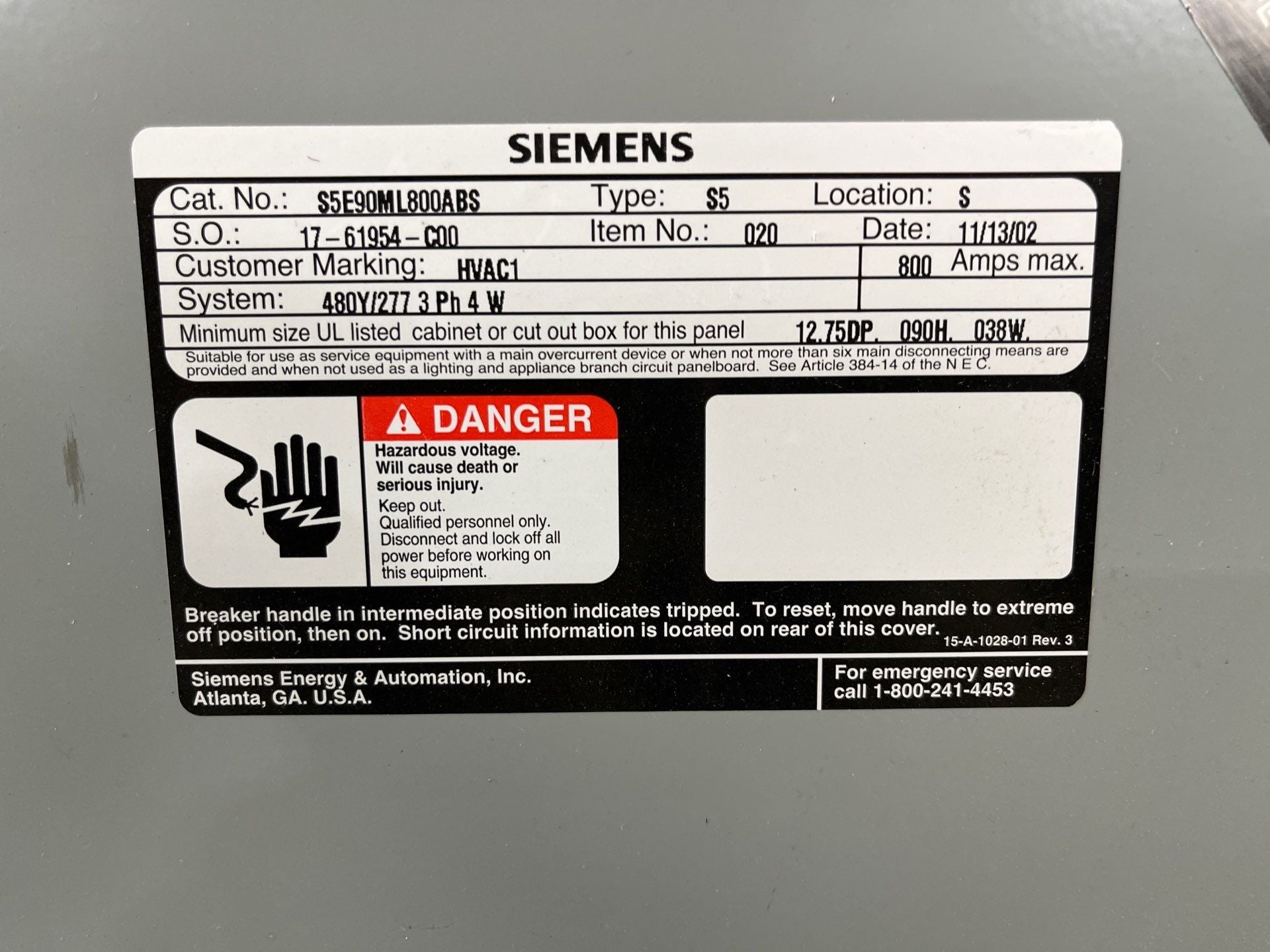 Siemens S5E90ML800ABS S5 Panelboard 800A 480/277V 3PH 4W MLO Indoor Encl B890 Box Used