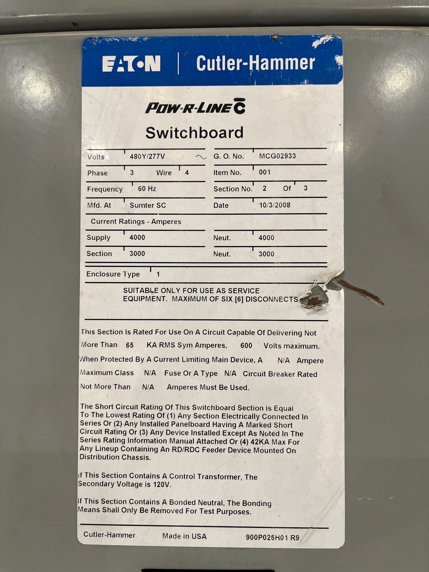 Eaton PRLC Switchboard 3000A 480/277V 3PH 4W MDS6303HEA W/ Distribution LSIG Used