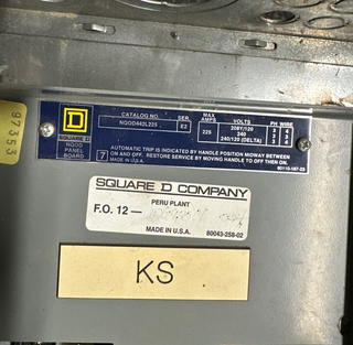 SQUARE D NQOD442L225 Panelboard 225A 208Y/120V 3P 4W Main Lug MLO 42 Circuit P286 Used