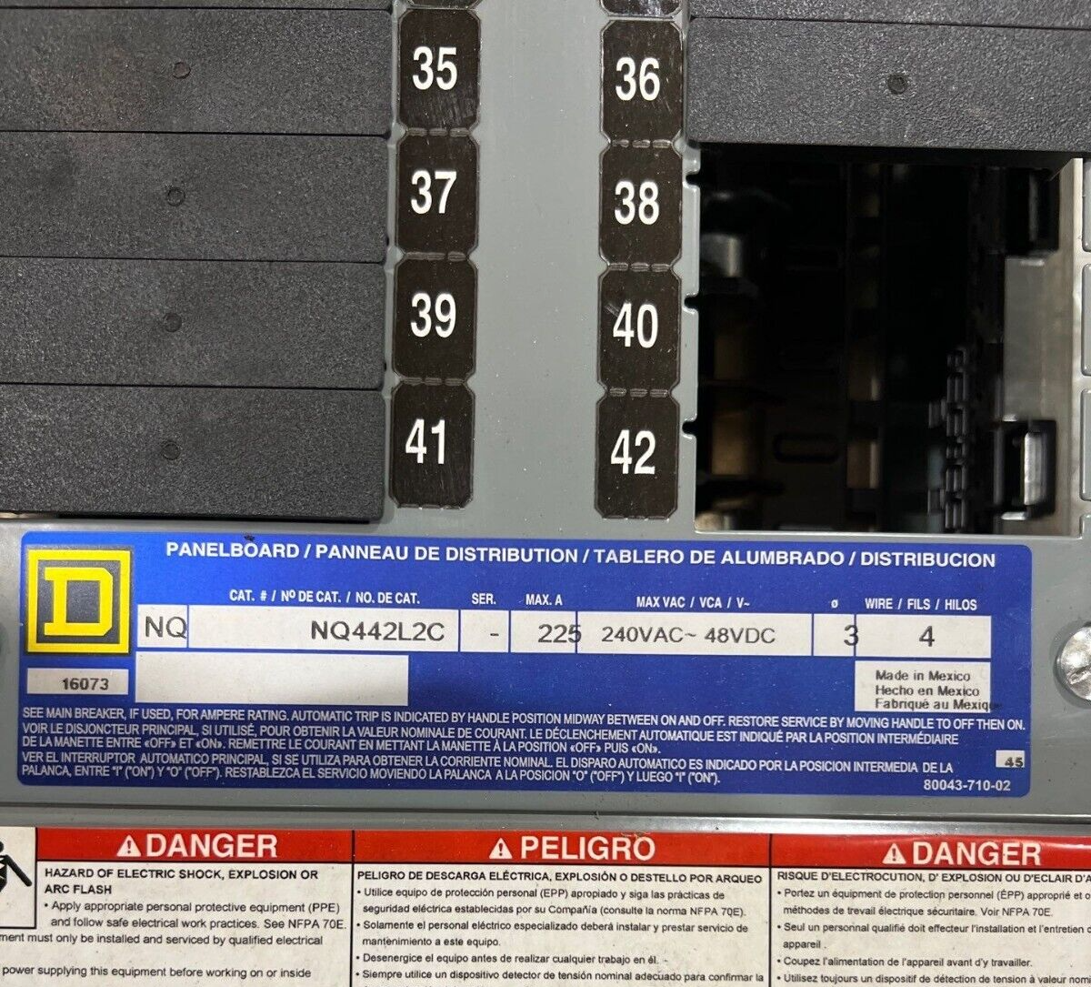 Square D NQ442L2C NQ Panelboard 225A 240V 3PH 4W Indoor Encl 42 Circuit MLO P622 Used