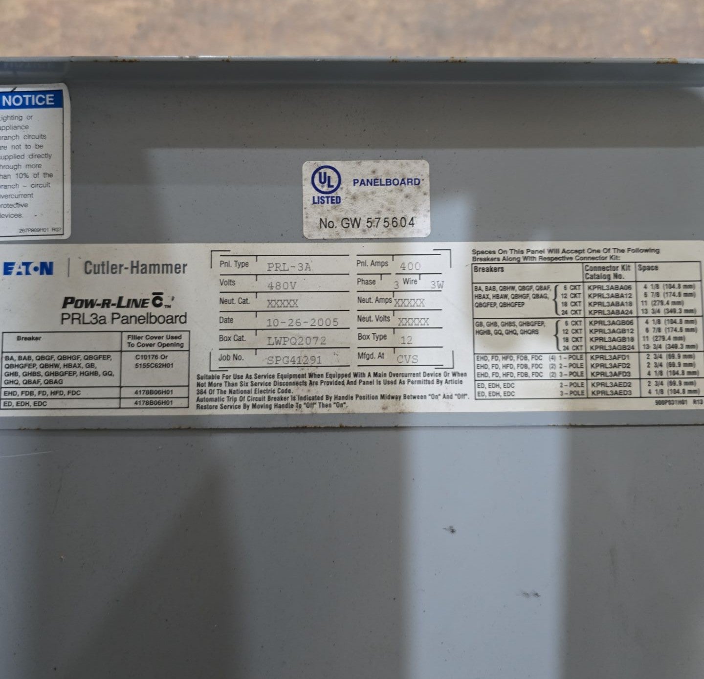 Eaton PRL3A Pow-R-Line Panelboard 400A 480V 3PH 3W MCB HKD 400 Amp Panel 3R Encl Used