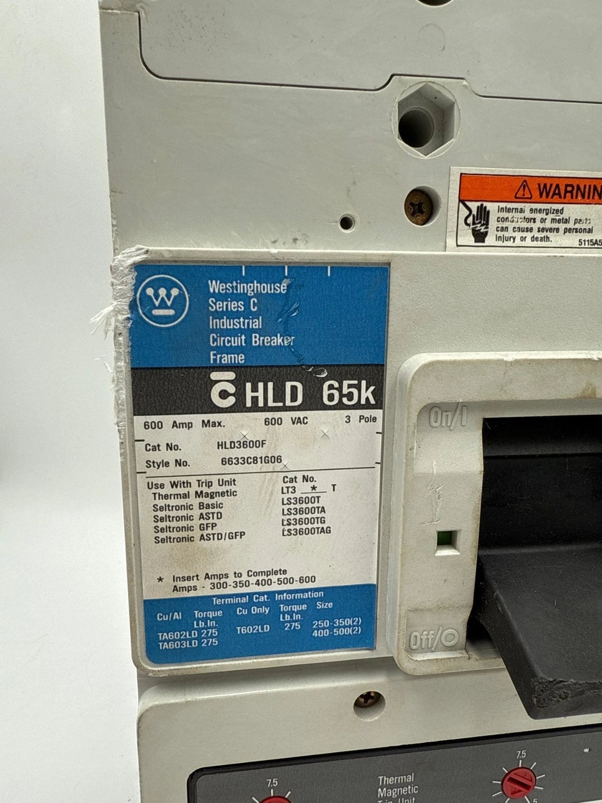 Westinghouse HLD3600 Circuit Breaker 600A 3P 600V 3PH HLD 65k 600 Amp LT3600T Used