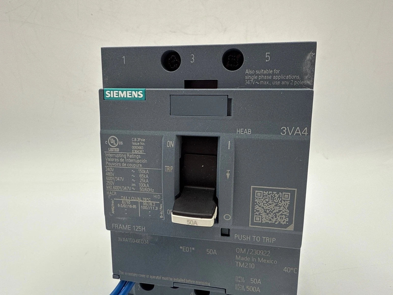 Siemens 3VA4150-6ED34-0AA0 Circuit Breaker 50A 3P 600V 3VA9978-0BL32 Shunt Trip New