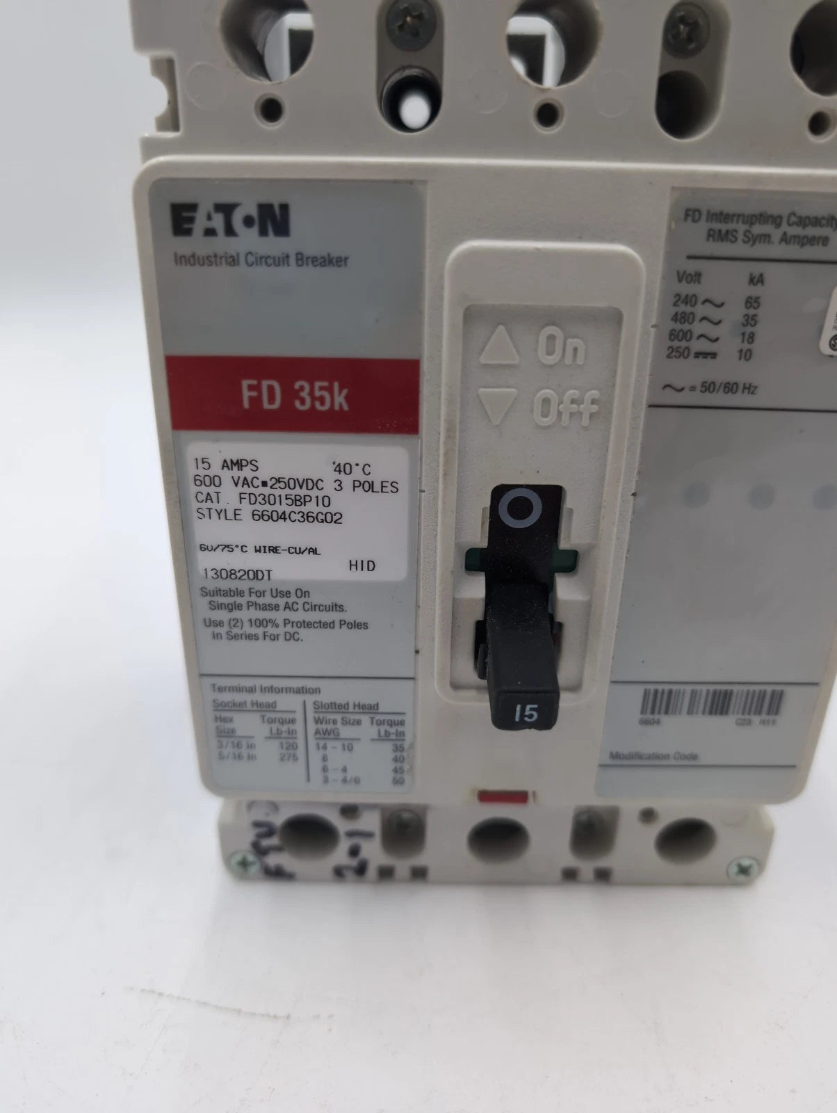 Eaton FD3015BP10 Circuit Breaker 15A 3P 600V FD 35k 15 Amp 3 Pole USED Used