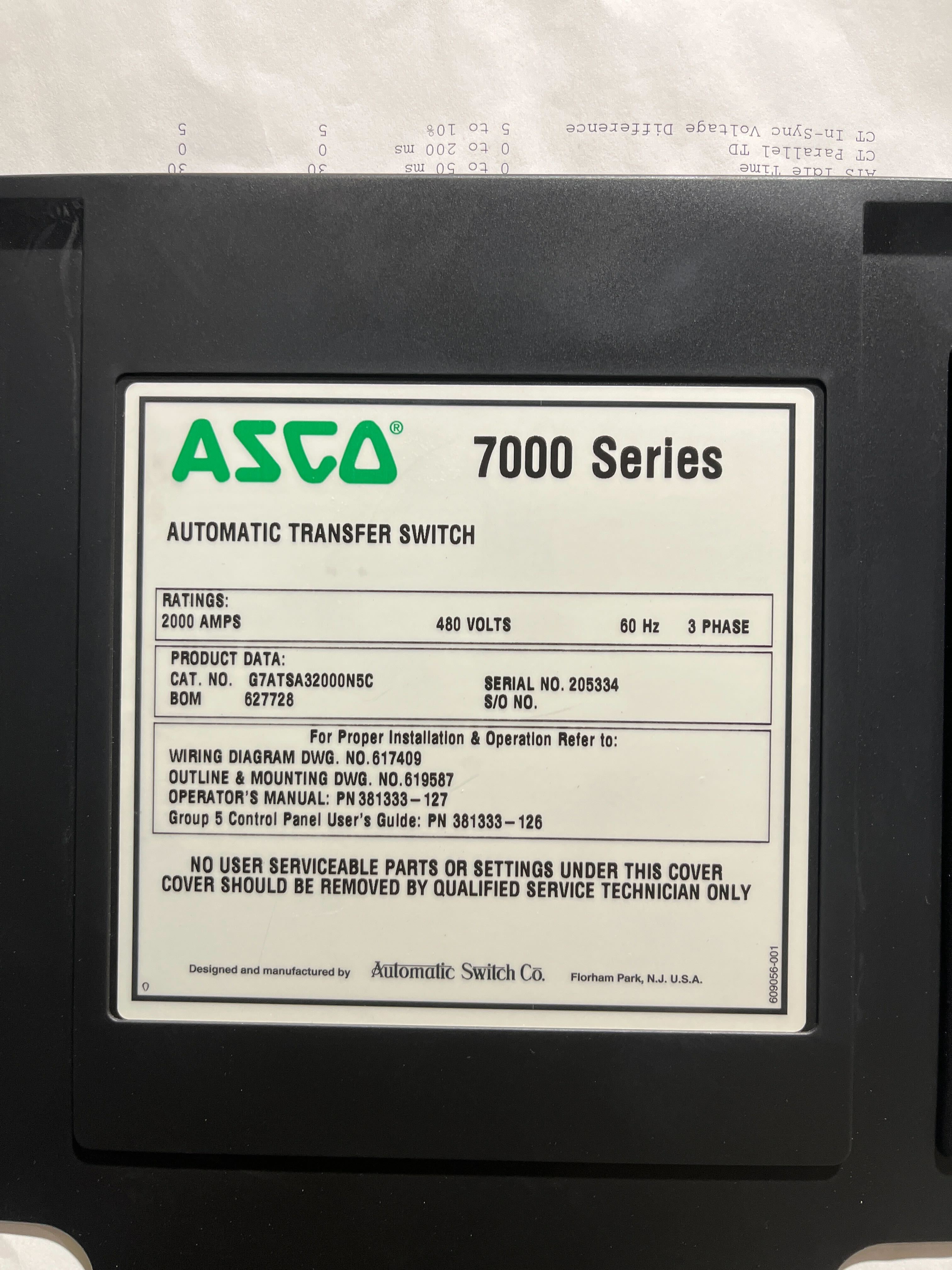 ASCO 7000 Series Automatic Transfer Switch 2000A 480V 3PH G7ATSA32000N5C Used