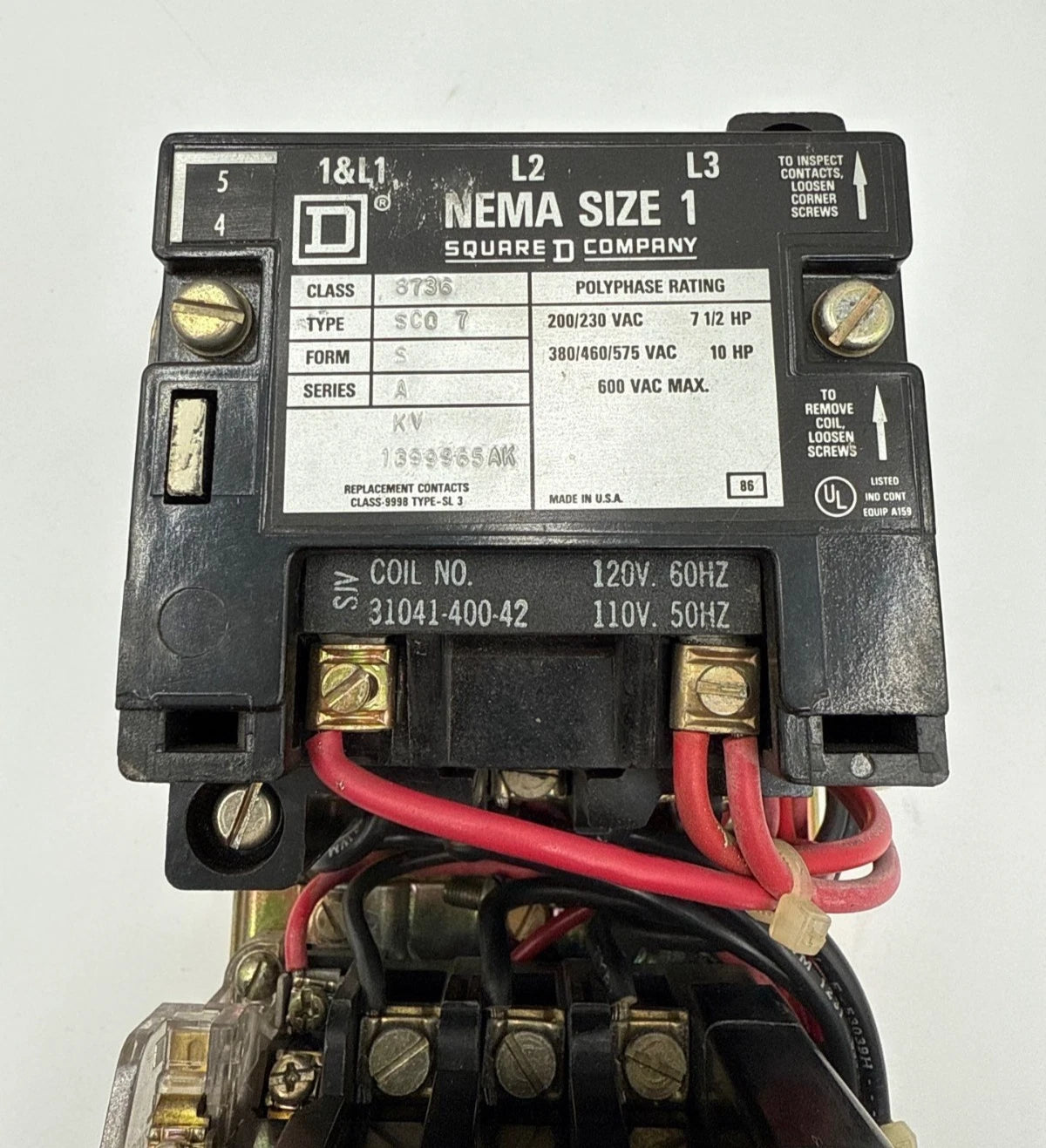 Square D 8736SC07 NEMA Size 1 Reversing Starter Coil 110/120V 27A 3P 600V 10HP Used